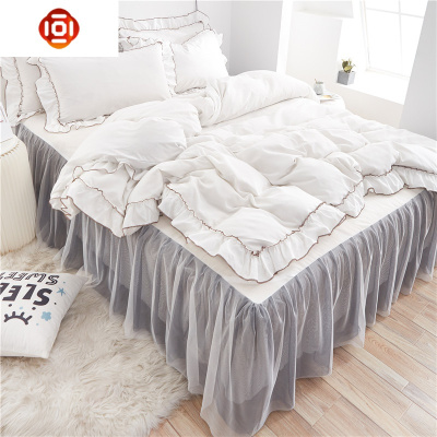 网红少女蕾丝花边公主风防滑床罩床裙2米白色四件套被套床上用品 三维