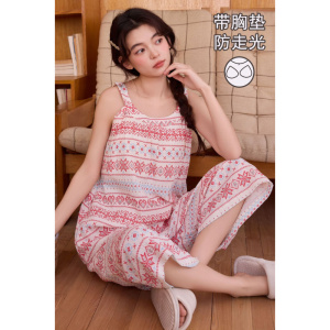 云朵棉清新碎花背心带胸垫防走光七分裤女夏季宽松舒适家居服睡衣