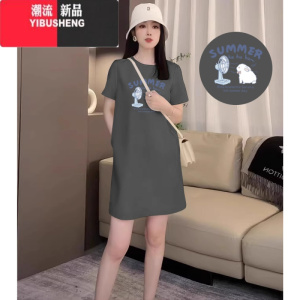 YIBUSHENG高级感时尚短袖连衣裙女2024季减龄宽松休闲中长短裙子