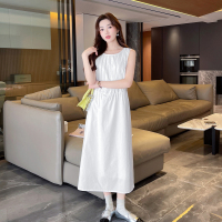 [2.5折价107元]唐狮新款女夏季圆领无袖连衣裙白色气质裙子显瘦长裙夏装r