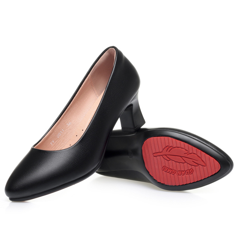 软皮工作鞋女中跟黑色职业面试上班鞋正装跟通勤防滑皮鞋女单鞋子