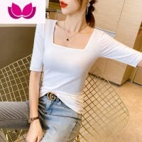 七斓黑色方领t恤女中袖新款锁骨法式打底衫显瘦复古五分袖上衣潮