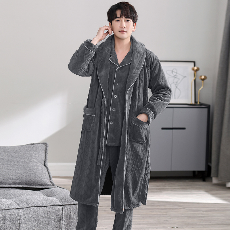 男士睡衣三件套秋冬款加厚加绒开衫翻领套装加大码加肥法兰绒睡袍
