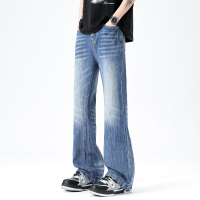 美式高街水洗做旧牛仔裤男潮牌痞帅炸街微喇裤宽松直筒拖地长裤子