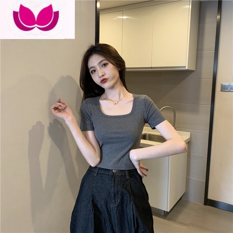 七斓酒红色方领短袖t恤女夏季ins潮紧身体恤网红心机短款露脐辣妹上衣