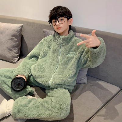 男童家居服秋冬季新款大童加绒加厚儿童珊瑚绒法兰绒睡衣套装