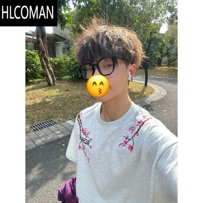 HLCOMAN美式国潮樱花刺绣短袖T恤男夏季2025新款高街宽松百搭休闲上衣ins