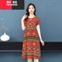 YIBUSHENG连衣裙女棉绸妈妈短袖中年女装大码中长款气质修身显瘦碎花裙子