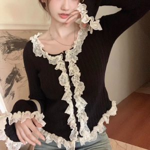 温柔风纯欲针织小开衫女装春秋季蕾丝毛衣茶歇法式内搭打底上衣潮