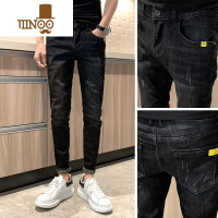 YANXU潮牌黑色牛仔裤男2023夏季薄款韩版潮流百搭九分弹力修身小脚裤子