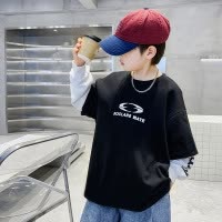 男童假两件卫衣春秋款新款儿童拼接上衣潮酷中大童打底衫痞帅